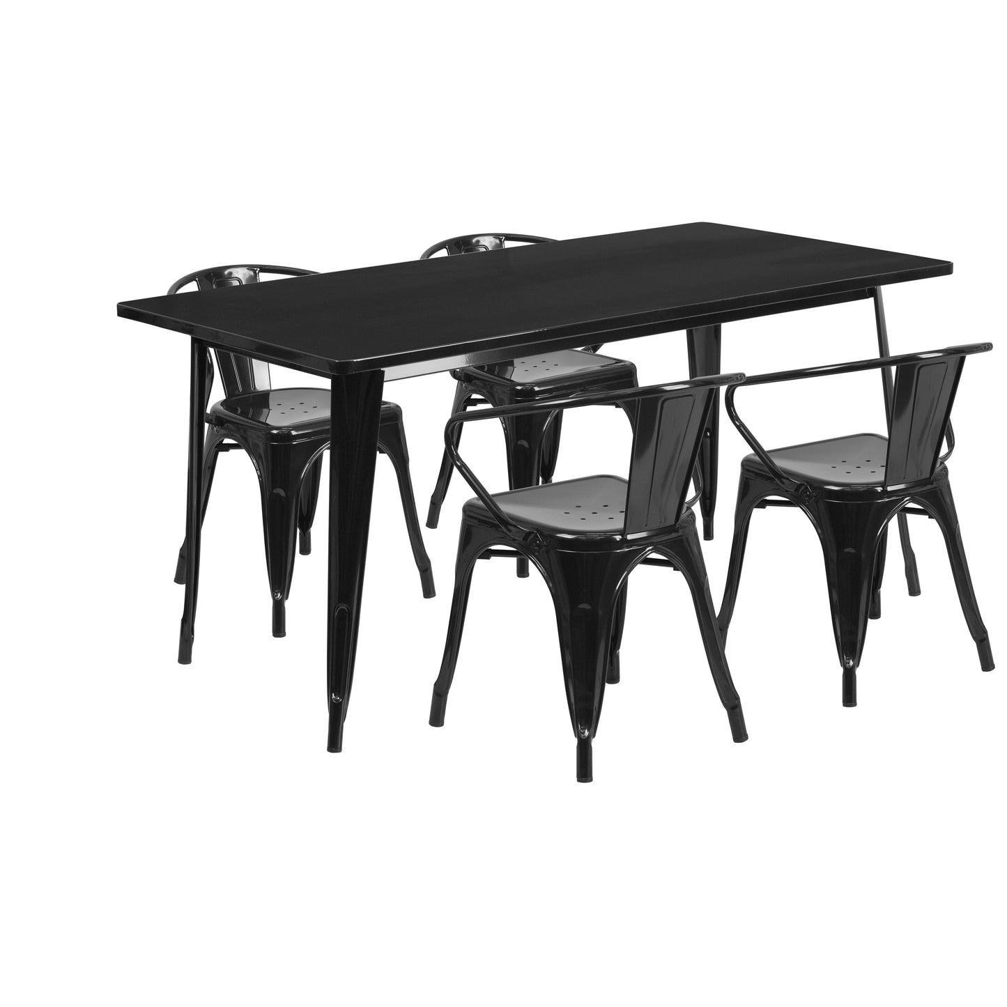 Fisher Commercial Grade 31.5" x 63" Rectangular Black Metal Indoor-Outdoor Table Set with 4 Arm Chairs Black