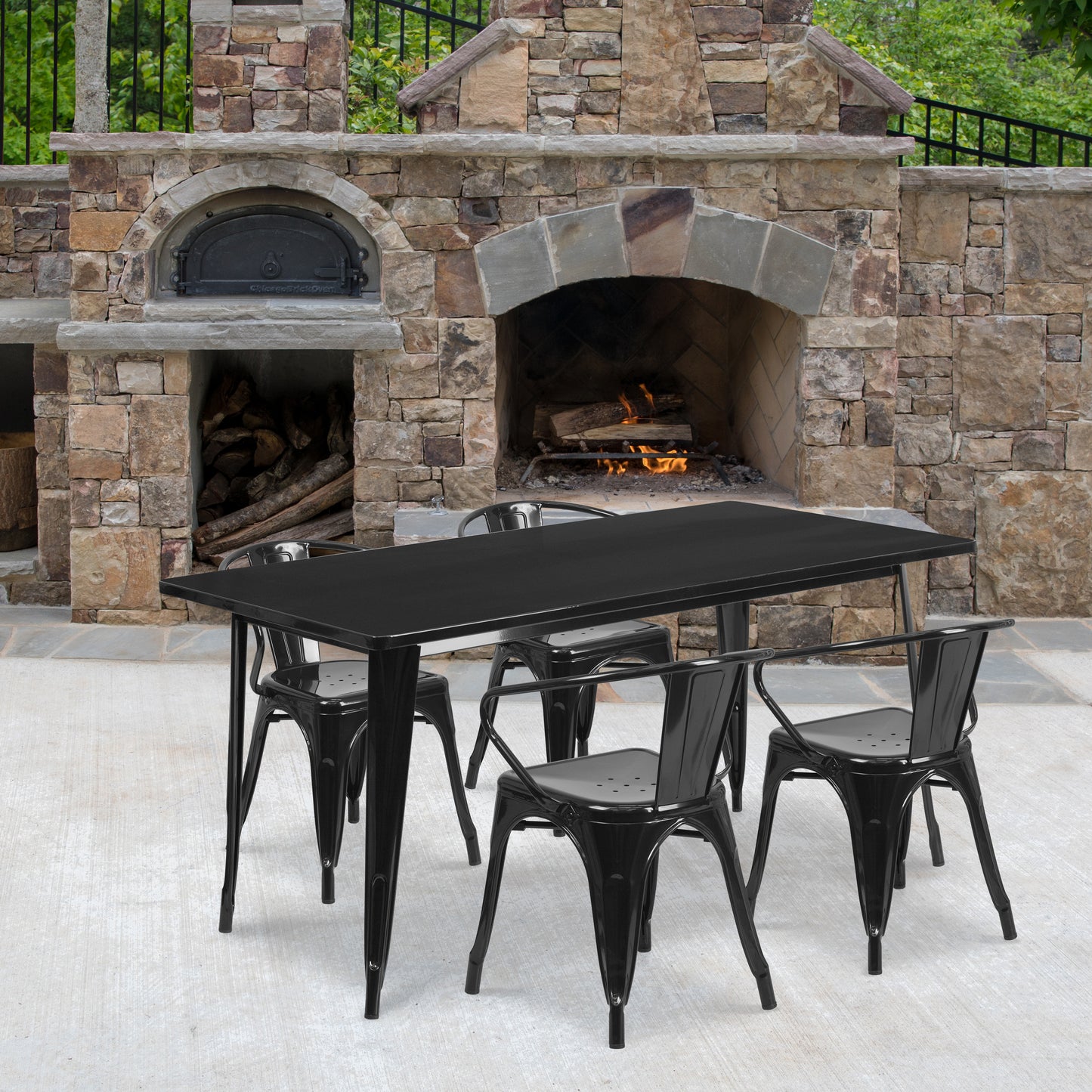Fisher Commercial Grade 31.5" x 63" Rectangular Black Metal Indoor-Outdoor Table Set with 4 Arm Chairs Black