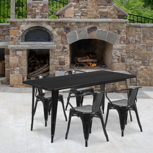 Fisher Commercial Grade 31.5" x 63" Rectangular Black Metal Indoor-Outdoor Table Set with 4 Arm Chairs Black