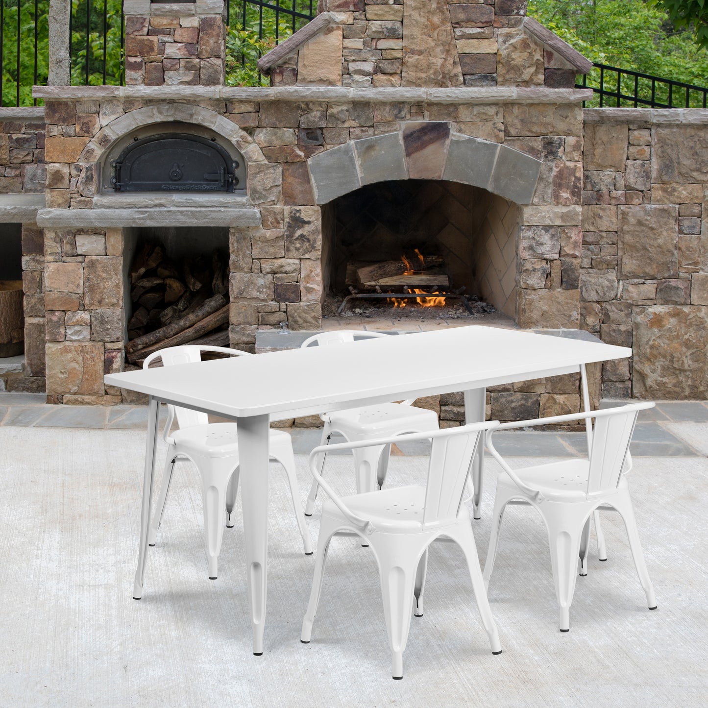 Fisher Commercial Grade 31.5" x 63" Rectangular White Metal Indoor-Outdoor Table Set with 4 Arm Chairs White ET-CT005-4-70-WH-GG
