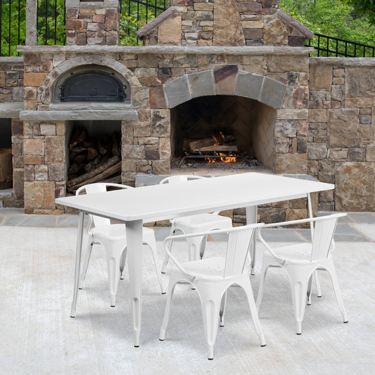 Fisher Commercial Grade 31.5" x 63" Rectangular White Metal Indoor-Outdoor Table Set with 4 Arm Chairs White
