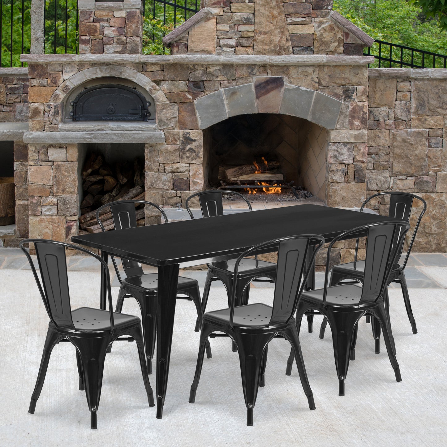 Gilbert Commercial Grade 31.5" x 63" Rectangular Black Metal Indoor-Outdoor Table Set with 6 Stack Chairs Black