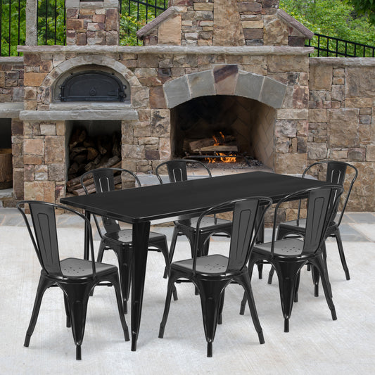 Gilbert Commercial Grade 31.5" x 63" Rectangular Black Metal Indoor-Outdoor Table Set with 6 Stack Chairs Black