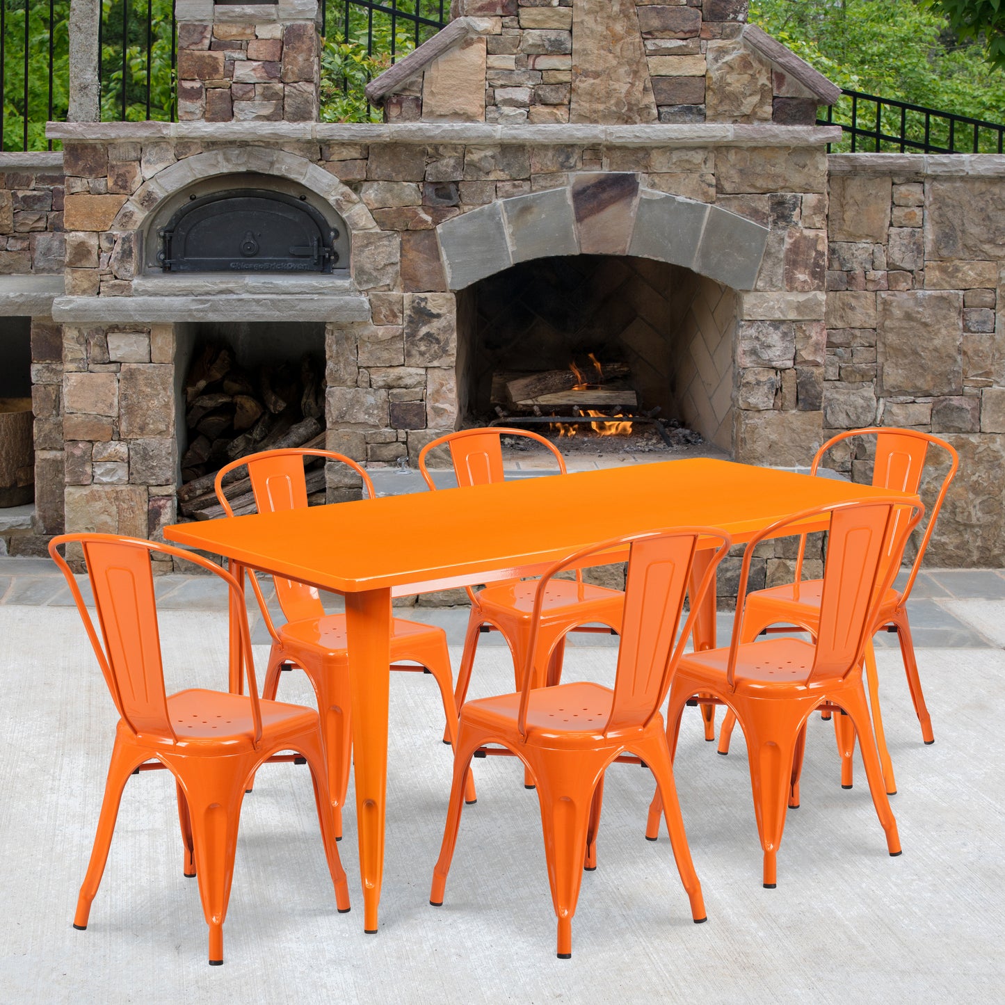 Gilbert Commercial Grade 31.5" x 63" Rectangular Orange Metal Indoor-Outdoor Table Set with 6 Stack Chairs Orange