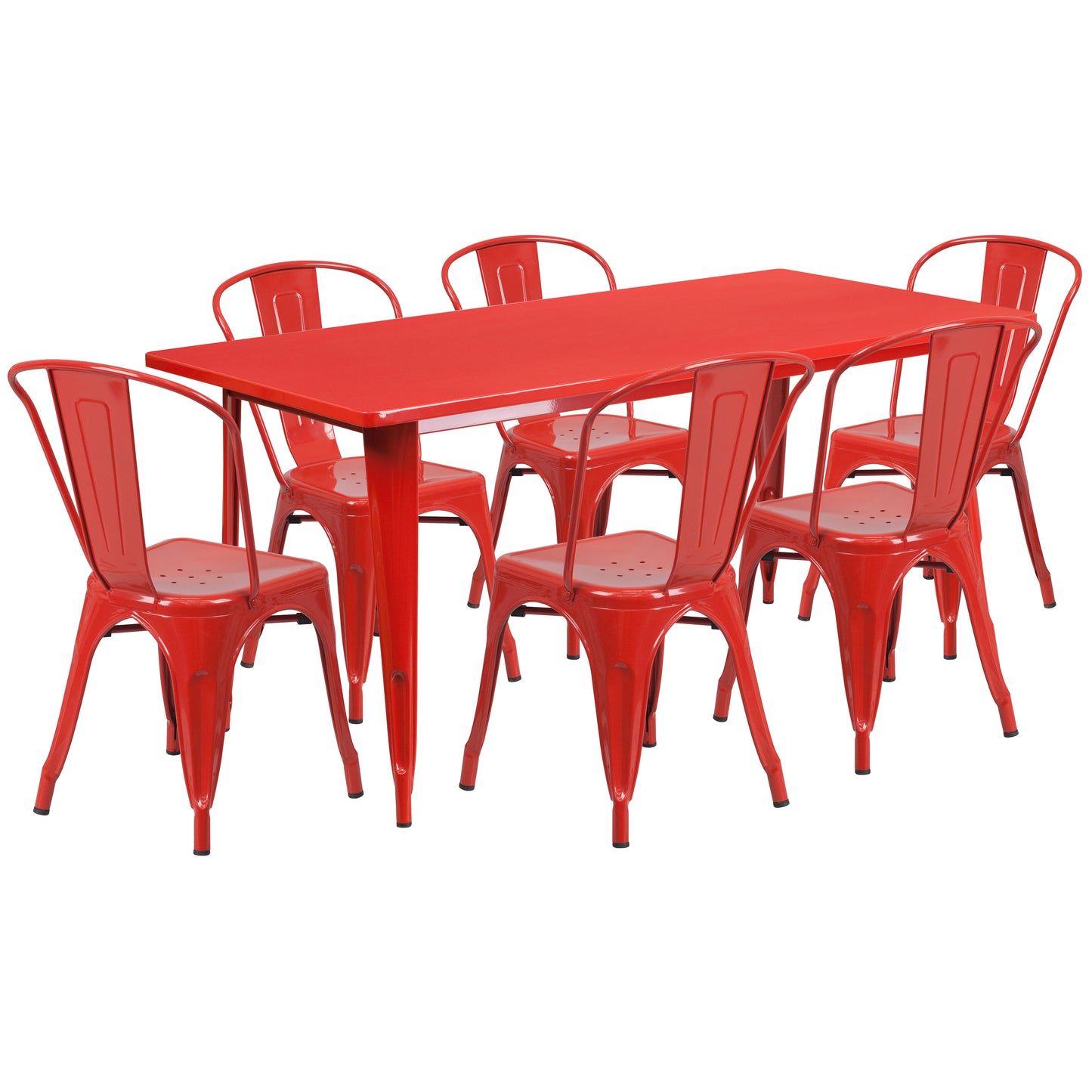 Gilbert Commercial Grade 31.5" x 63" Rectangular Red Metal Indoor-Outdoor Table Set with 6 Stack Chairs Red