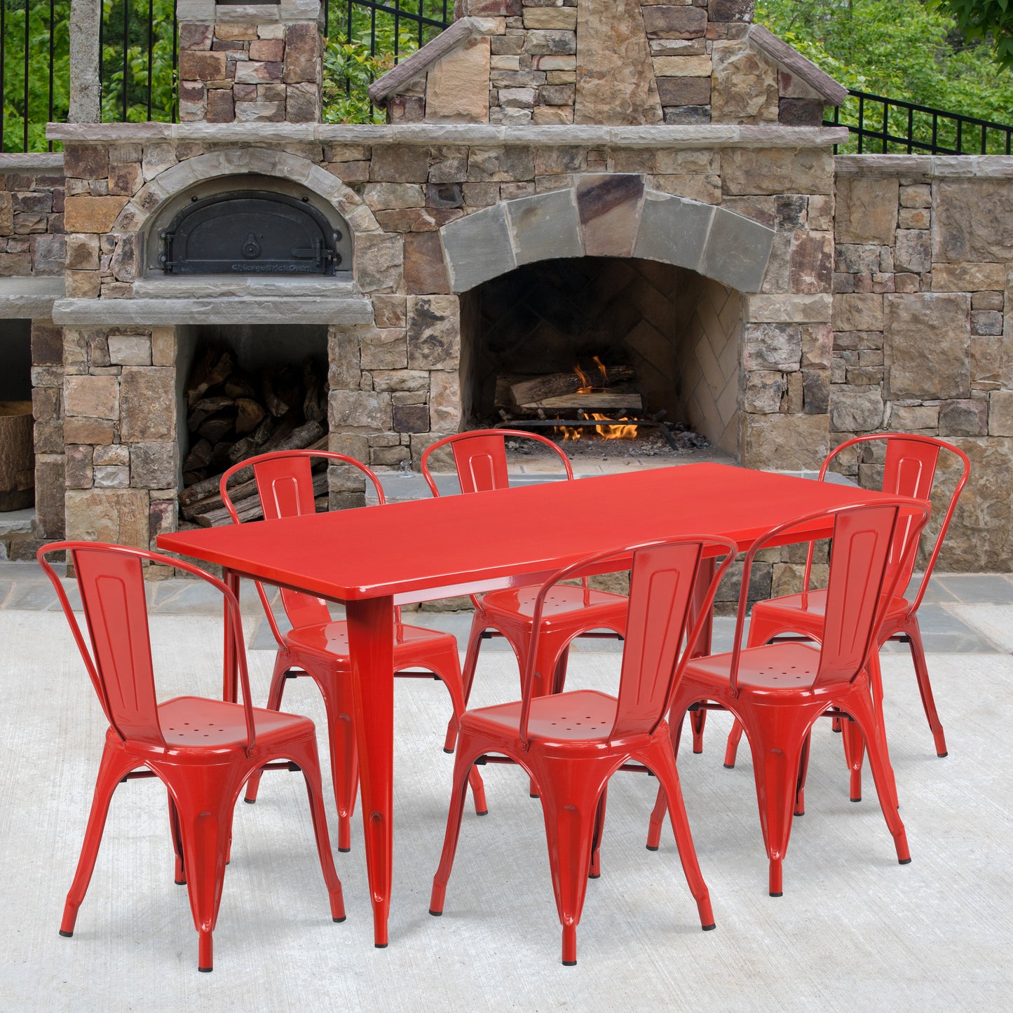 Gilbert Commercial Grade 31.5" x 63" Rectangular Red Metal Indoor-Outdoor Table Set with 6 Stack Chairs Red