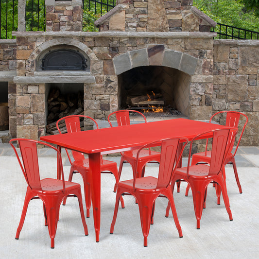 Gilbert Commercial Grade 31.5" x 63" Rectangular Red Metal Indoor-Outdoor Table Set with 6 Stack Chairs Red