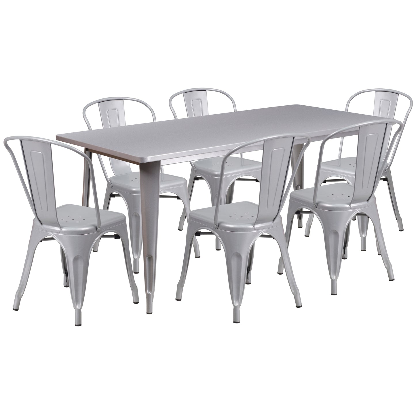 Gilbert Commercial Grade 31.5" x 63" Rectangular Silver Metal Indoor-Outdoor Table Set with 6 Stack Chairs Silver