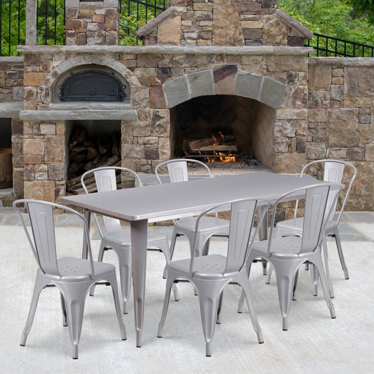 Gilbert Commercial Grade 31.5" x 63" Rectangular Silver Metal Indoor-Outdoor Table Set with 6 Stack Chairs Silver