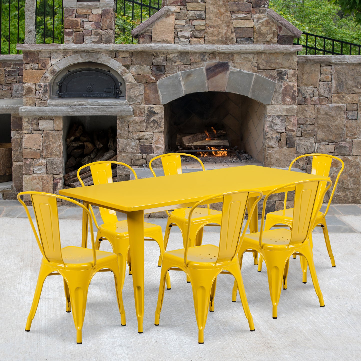 Gilbert Commercial Grade 31.5" x 63" Rectangular Yellow Metal Indoor-Outdoor Table Set with 6 Stack Chairs Yellow ET-CT005-6-30-YL-GG