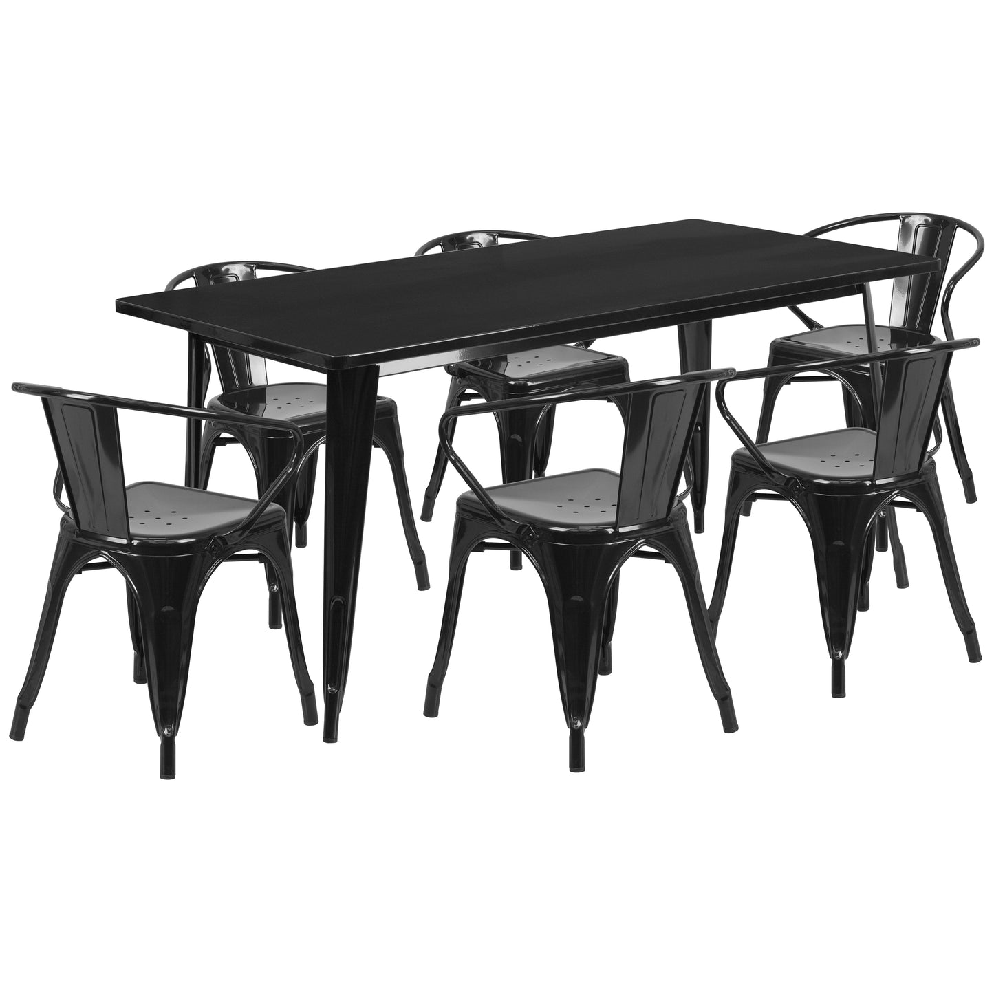 Oakley Commercial Grade 31.5" x 63" Rectangular Black Metal Indoor-Outdoor Table Set with 6 Arm Chairs Black