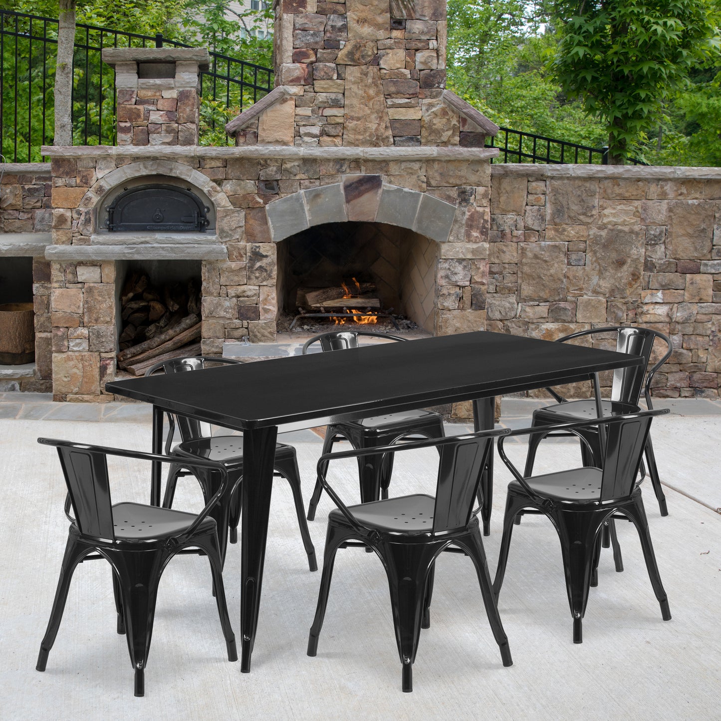 Oakley Commercial Grade 31.5" x 63" Rectangular Black Metal Indoor-Outdoor Table Set with 6 Arm Chairs Black