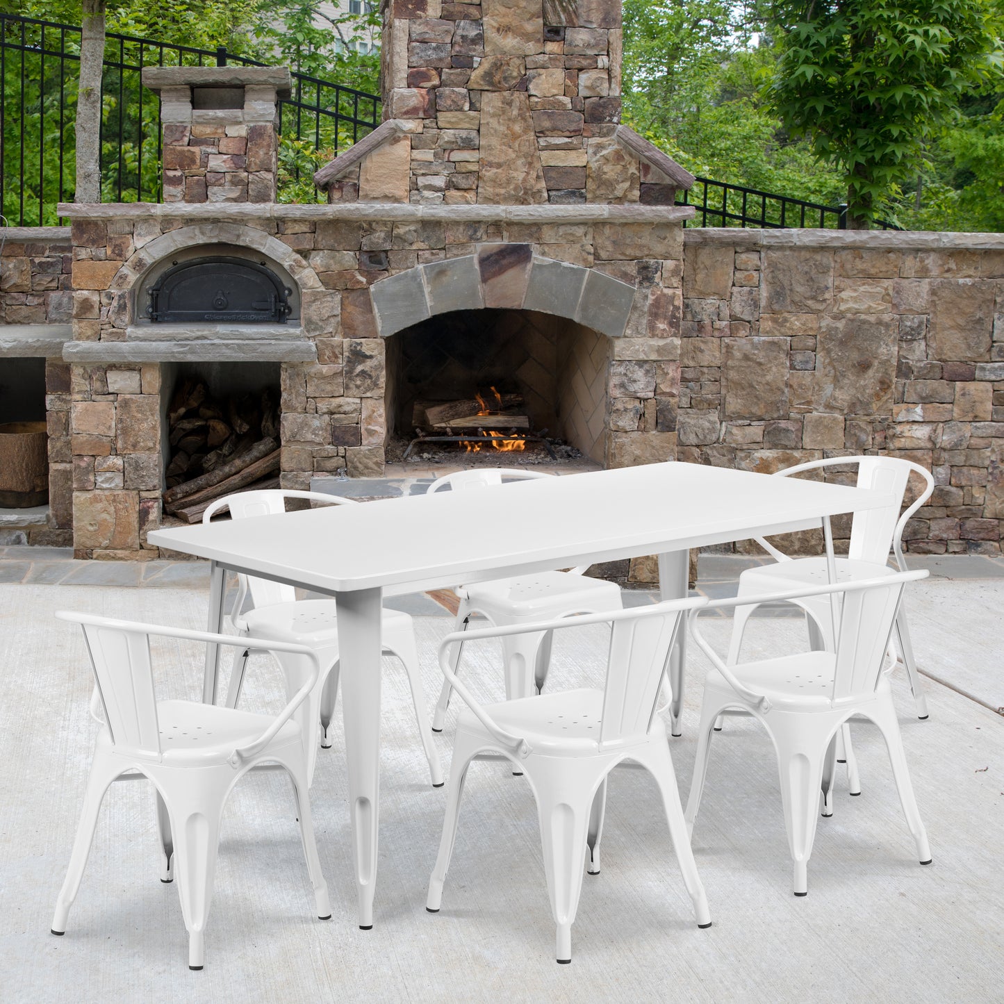 Oakley Commercial Grade 31.5" x 63" Rectangular White Metal Indoor-Outdoor Table Set with 6 Arm Chairs White ET-CT005-6-70-WH-GG