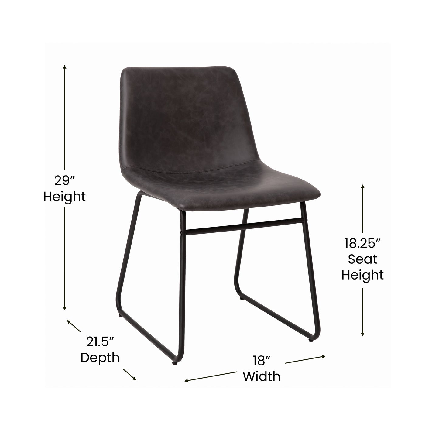 Butler 18 inch Dining Table Height Chair, Mid-Back Sled Base Dining Chair in Dark Gray LeatherSoft with Black Frame, Set of 2 Gray LeatherSoft/Black Frame