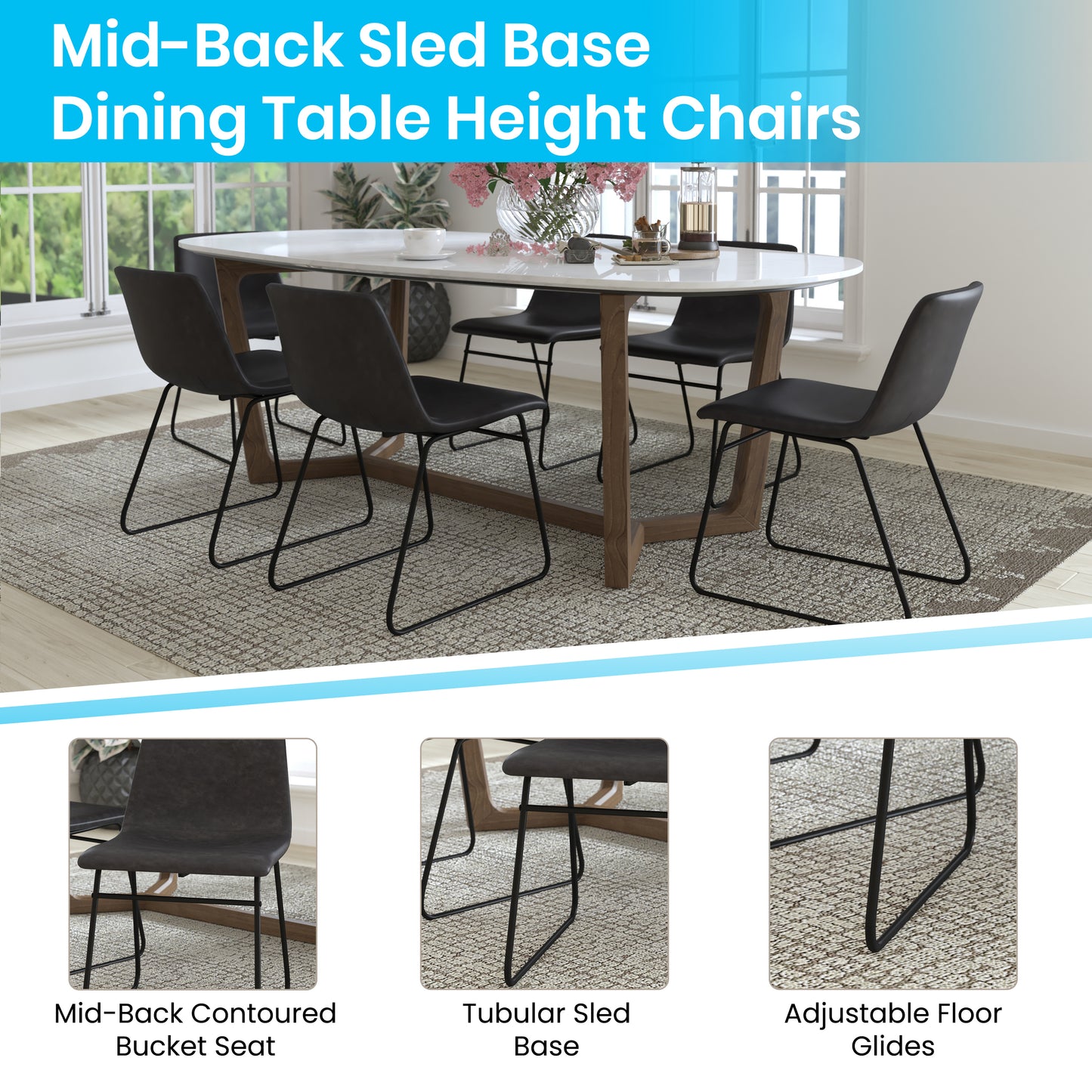 Butler 18 inch Dining Table Height Chair, Mid-Back Sled Base Dining Chair in Dark Gray LeatherSoft with Black Frame, Set of 2 Gray LeatherSoft/Black Frame