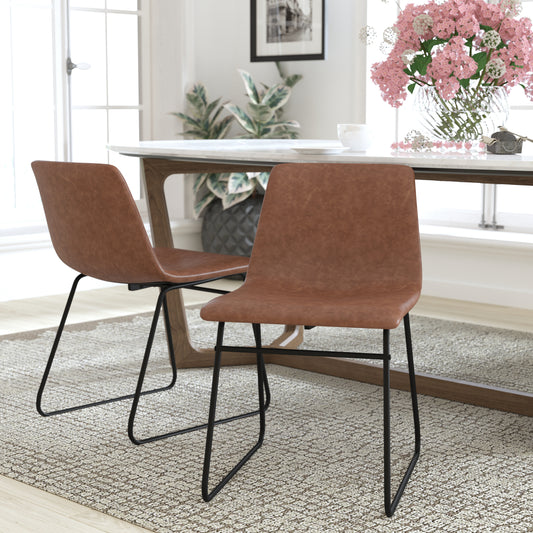 Butler 18 inch Dining Table Height Chair, Mid-Back Sled Base Dining Chair in Light Brown LeatherSoft with Black Frame, Set of 2 Light Brown LeatherSoft/Black Frame