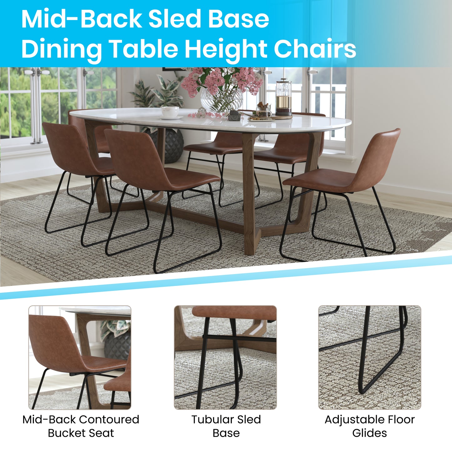 Butler 18 inch Dining Table Height Chair, Mid-Back Sled Base Dining Chair in Light Brown LeatherSoft with Black Frame, Set of 2 Light Brown LeatherSoft/Black Frame