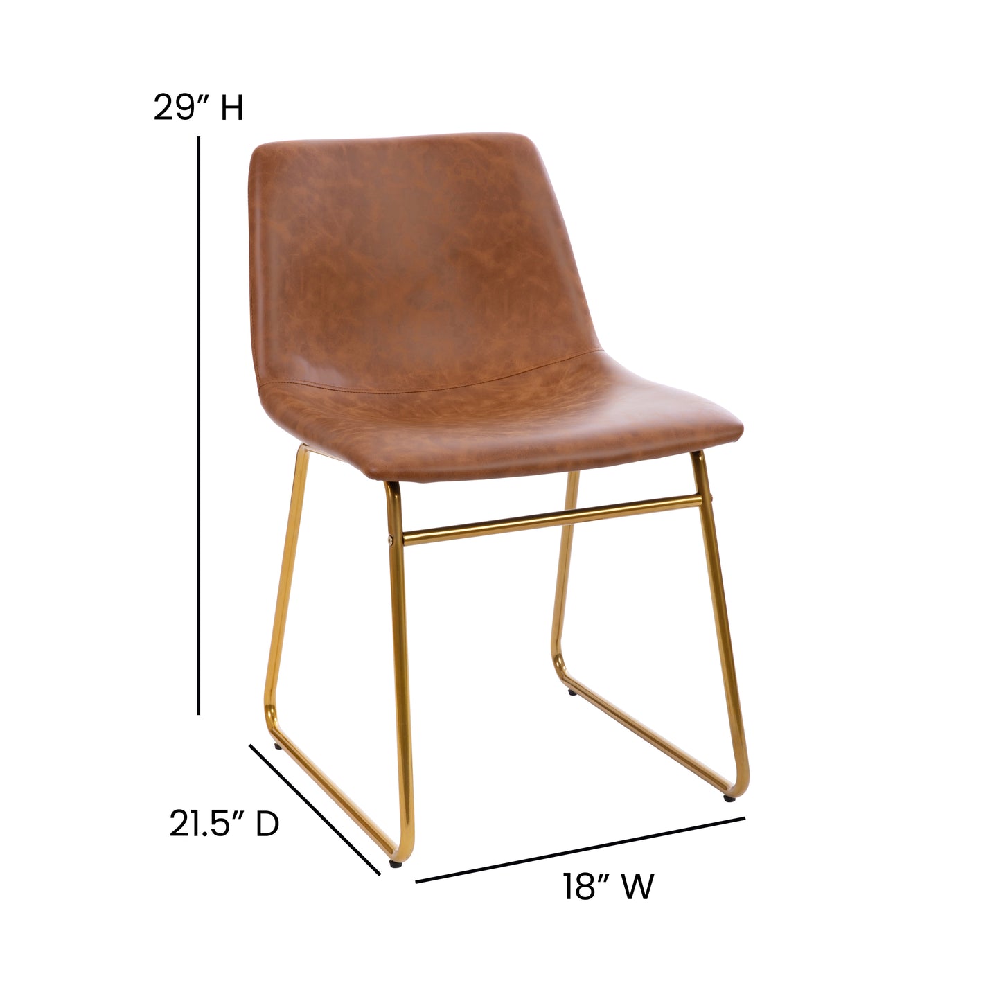 Butler 18 inch Dining Table Height Chair, Mid-Back Sled Base Dining Chair in Light Brown LeatherSoft with Gold Frame, Set of 2 Light Brown LeatherSoft/Gold Frame ET-ER18345-18-LB-GG