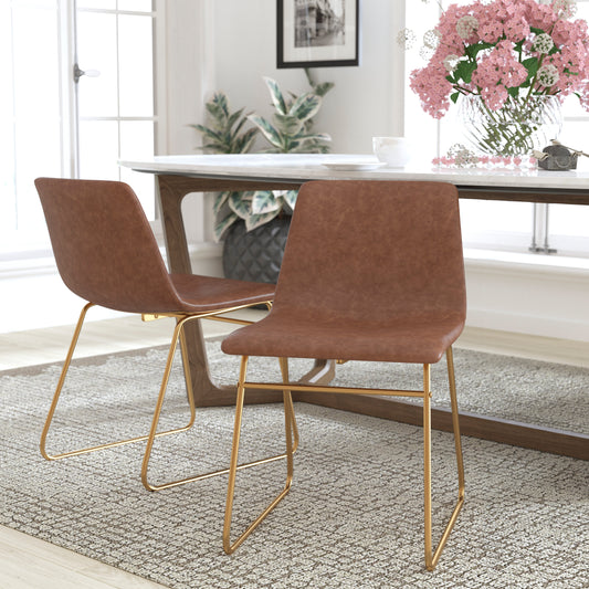Butler 18 inch Dining Table Height Chair, Mid-Back Sled Base Dining Chair in Light Brown LeatherSoft with Gold Frame, Set of 2 Light Brown LeatherSoft/Gold Frame
