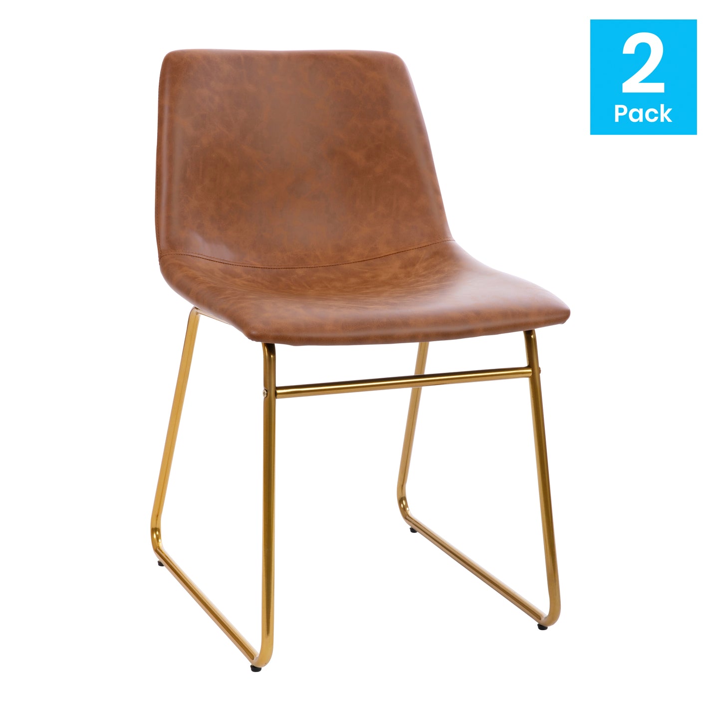 Butler 18 inch Dining Table Height Chair, Mid-Back Sled Base Dining Chair in Light Brown LeatherSoft with Gold Frame, Set of 2 Light Brown LeatherSoft/Gold Frame ET-ER18345-18-LB-GG