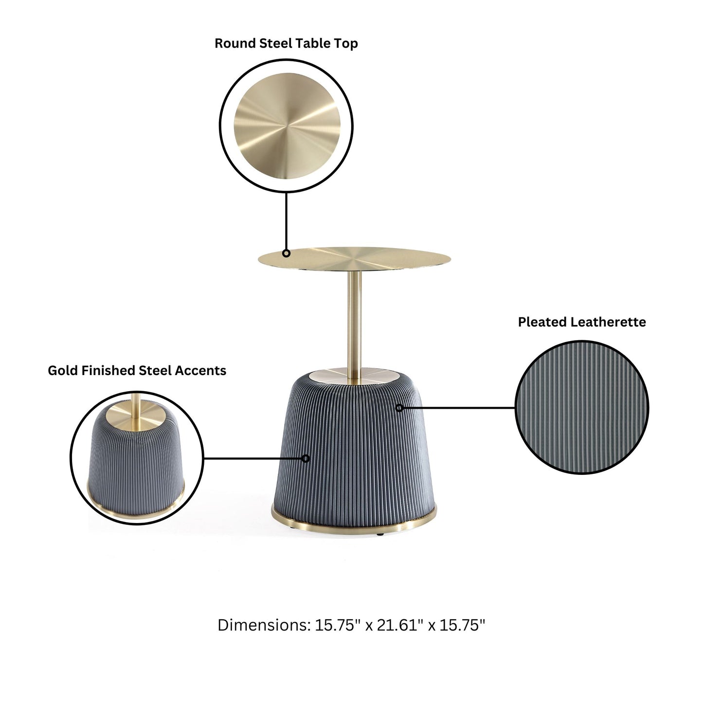 Manhattan Comfort Modern Anderson End Table 1.0 Upholstered in Grey Leatherette with Gold Tabletop ET004-GY