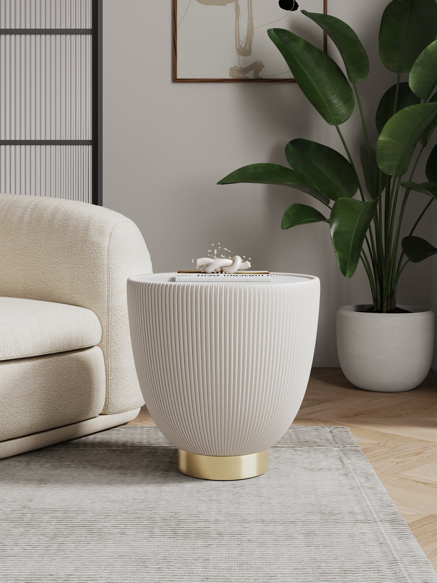 Manhattan Comfort Modern Anderson End Table 2.0 Upholstered in Cream Leatherette with Ceramic Faux Marble Tabletop ET005-CR