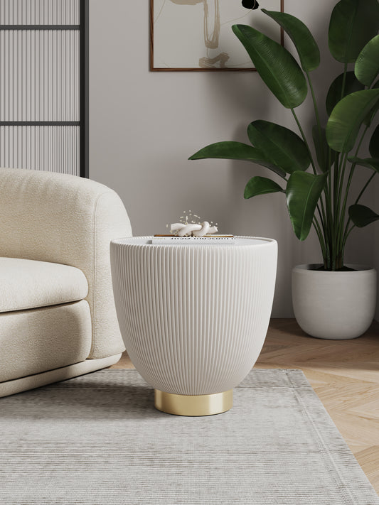 Manhattan Comfort Modern Anderson End Table 2.0 Upholstered in Cream Leatherette with Ceramic Faux Marble Tabletop ET005-CR