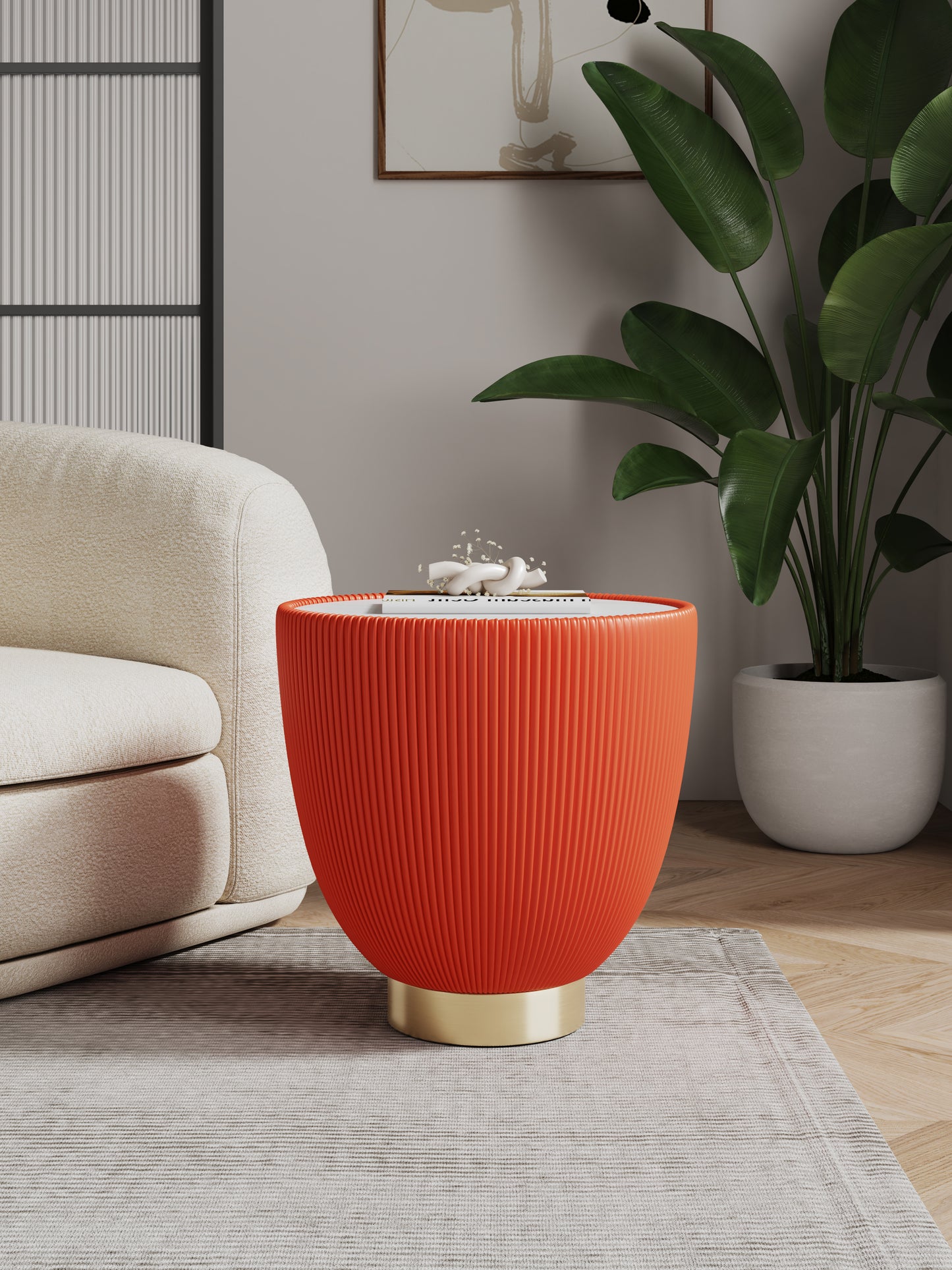 Manhattan Comfort Modern Anderson End Table 2.0 Upholstered in Orange Leatherette with Ceramic Faux Marble Tabletop ET005-OR