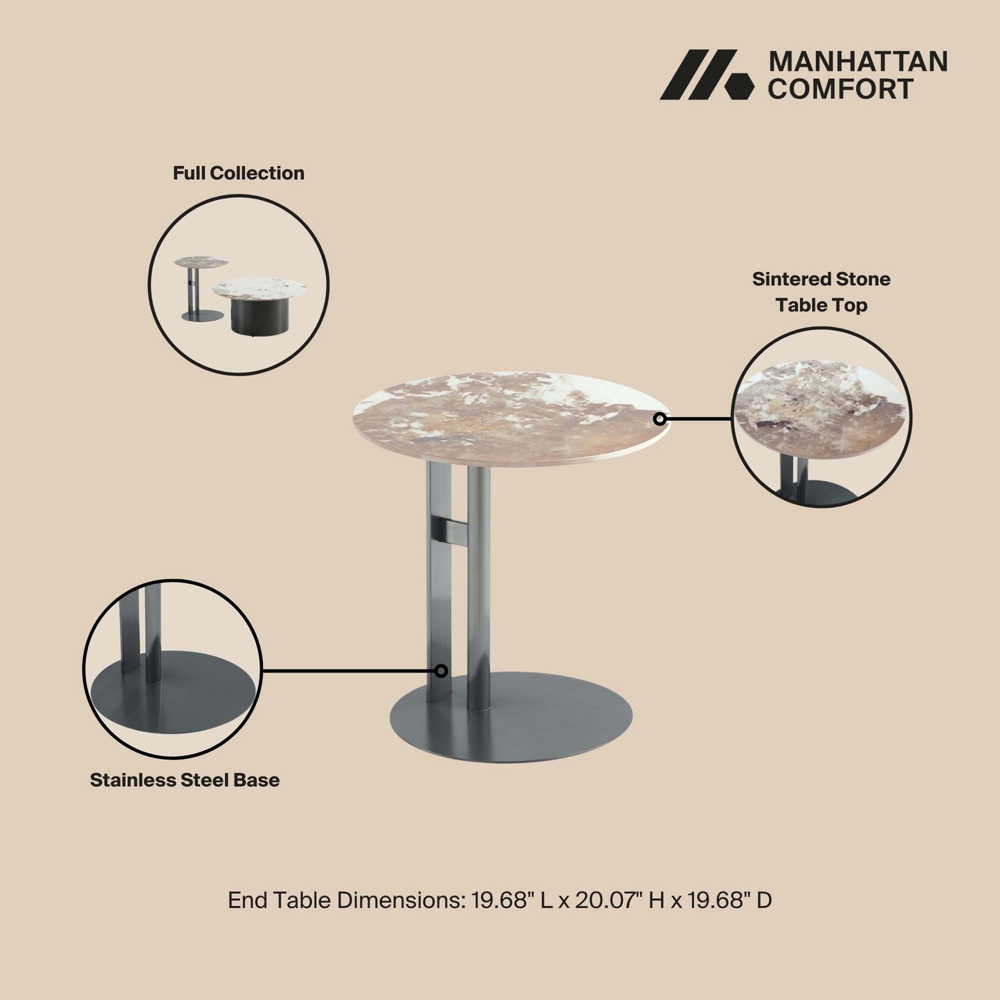 Alondra Modern Glam Sintered Stone Top End Table in Black ET007