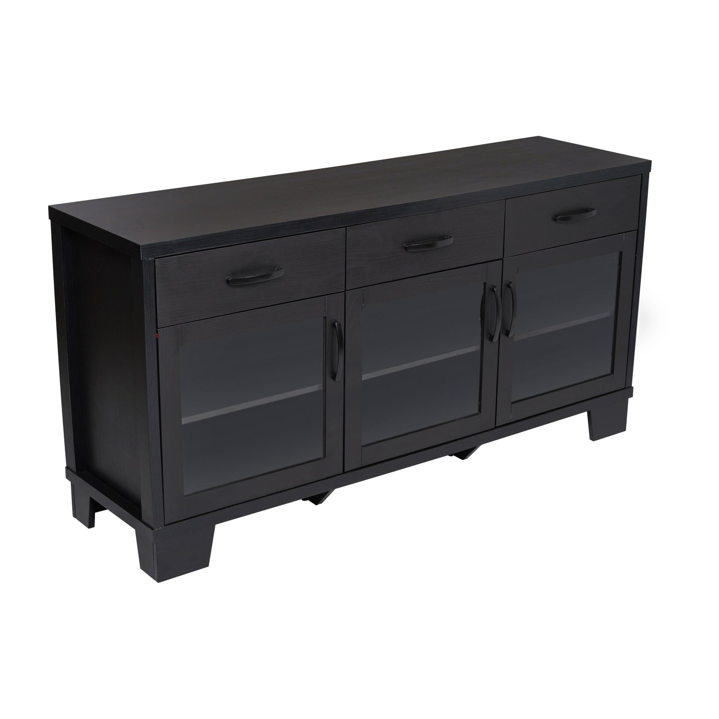 Wells Black 59 Inch Modern Kitchen and Dining Room Buffet Sideboard Storage Cabinet, Engineered Wood with 3 Tempered Glass Doors and 3 Drawers Black
