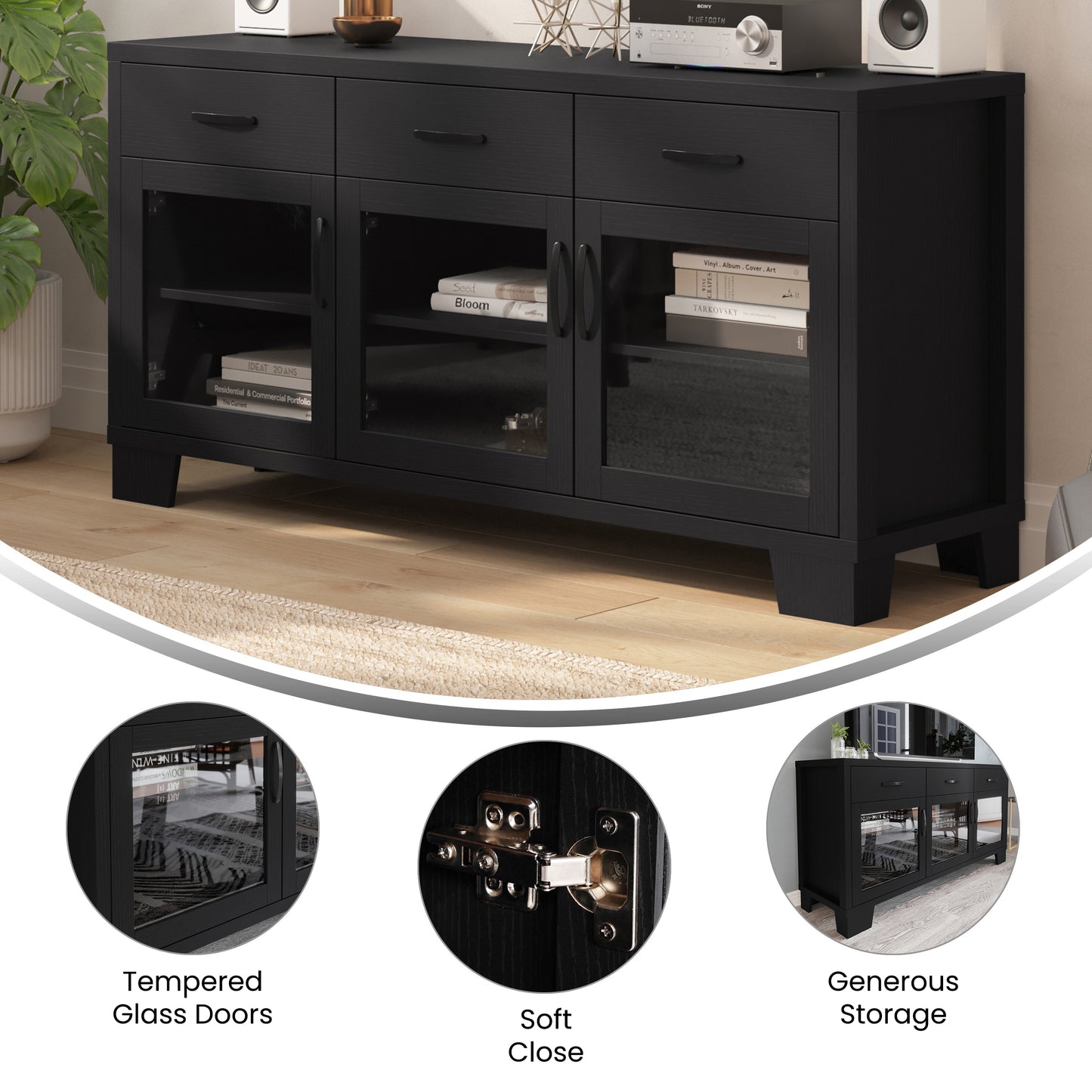 Wells Black 59 Inch Modern Kitchen and Dining Room Buffet Sideboard Storage Cabinet, Engineered Wood with 3 Tempered Glass Doors and 3 Drawers Black
