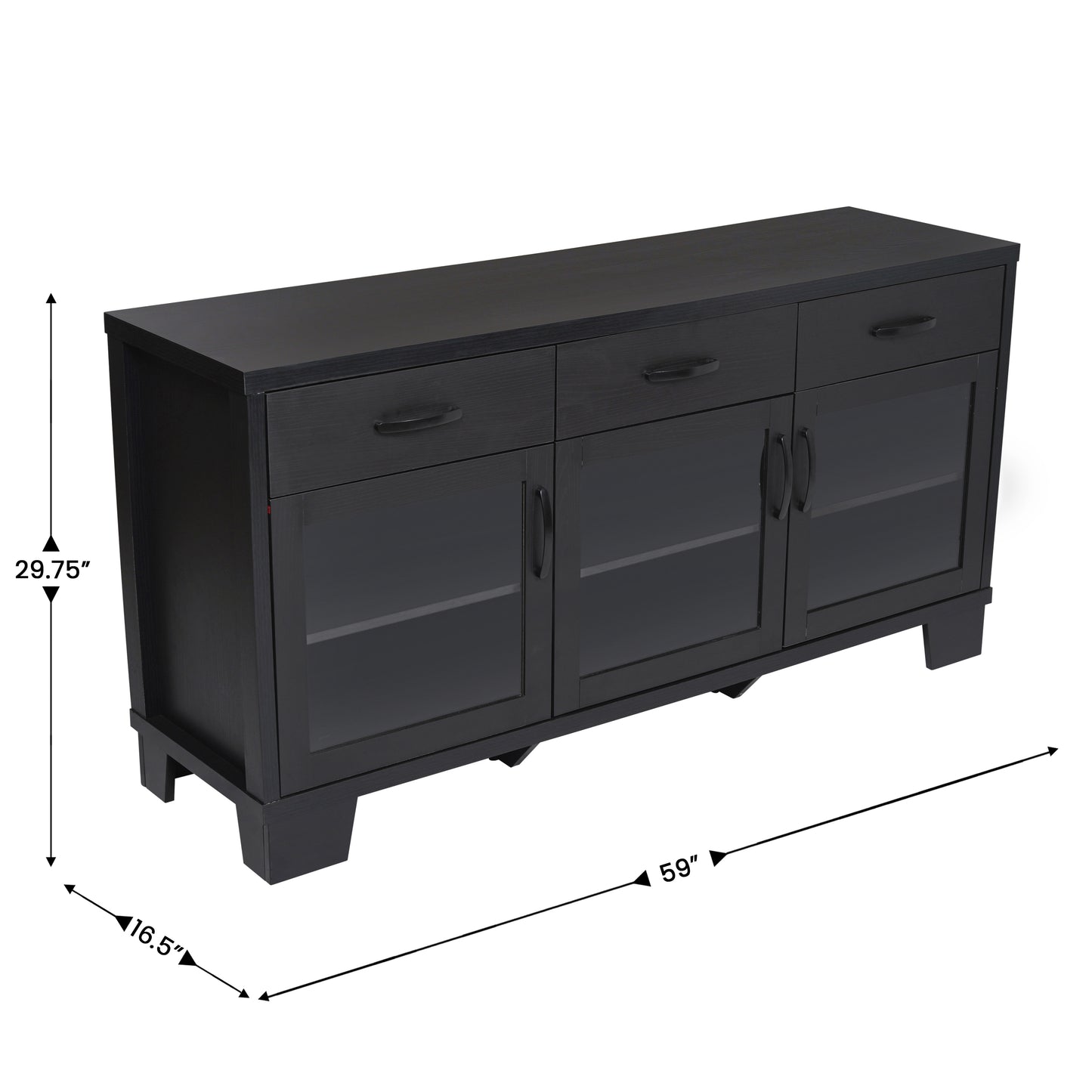 Wells Black 59 Inch Modern Kitchen and Dining Room Buffet Sideboard Storage Cabinet, Engineered Wood with 3 Tempered Glass Doors and 3 Drawers Black