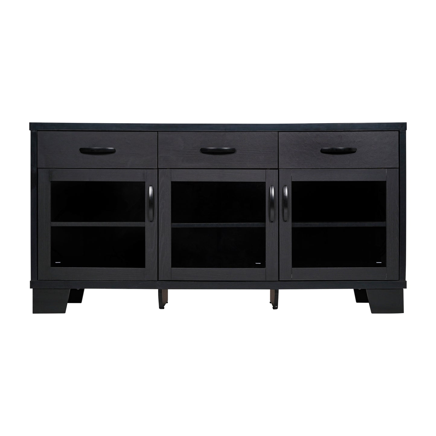 Wells Black 59 Inch Modern Kitchen and Dining Room Buffet Sideboard Storage Cabinet, Engineered Wood with 3 Tempered Glass Doors and 3 Drawers Black
