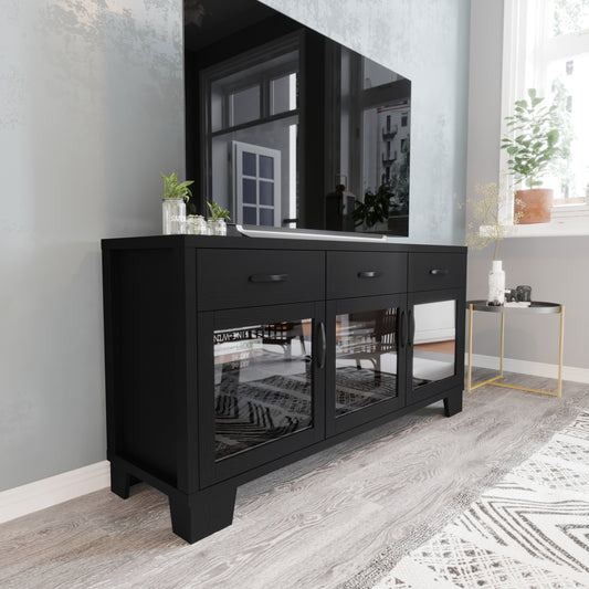 Wells Black 59 Inch Modern Kitchen and Dining Room Buffet Sideboard Storage Cabinet, Engineered Wood with 3 Tempered Glass Doors and 3 Drawers Black EV-CA7515-01ZZ-BK-GG