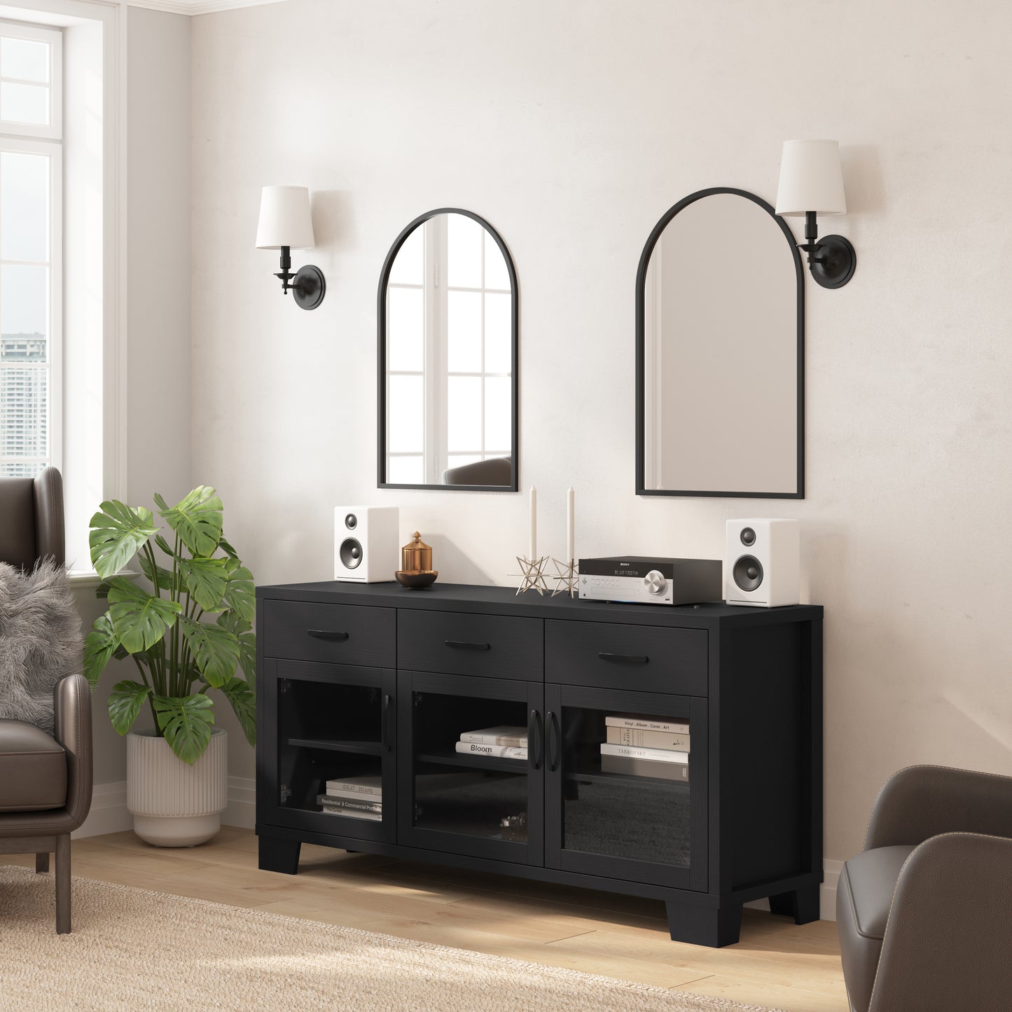 Wells Black 59 Inch Modern Kitchen and Dining Room Buffet Sideboard Storage Cabinet, Engineered Wood with 3 Tempered Glass Doors and 3 Drawers Black