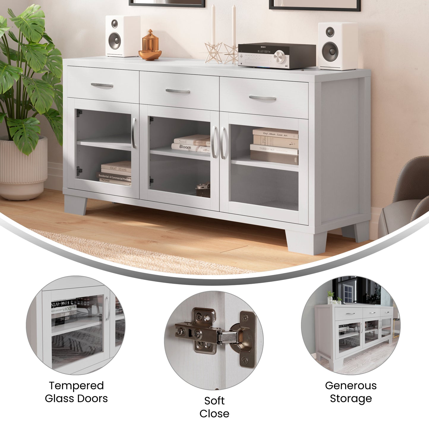 Wells White 59 Inch Modern Kitchen and Dining Room Buffet Sideboard Storage Cabinet, Engineered Wood with 3 Tempered Glass Doors and 3 Drawers White