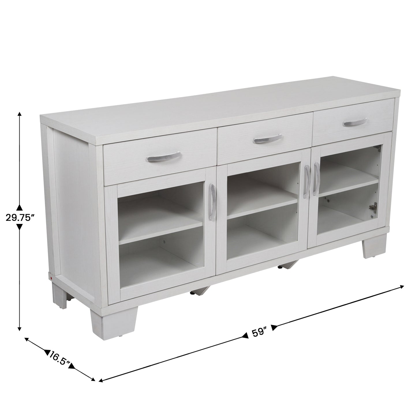Wells White 59 Inch Modern Kitchen and Dining Room Buffet Sideboard Storage Cabinet, Engineered Wood with 3 Tempered Glass Doors and 3 Drawers White