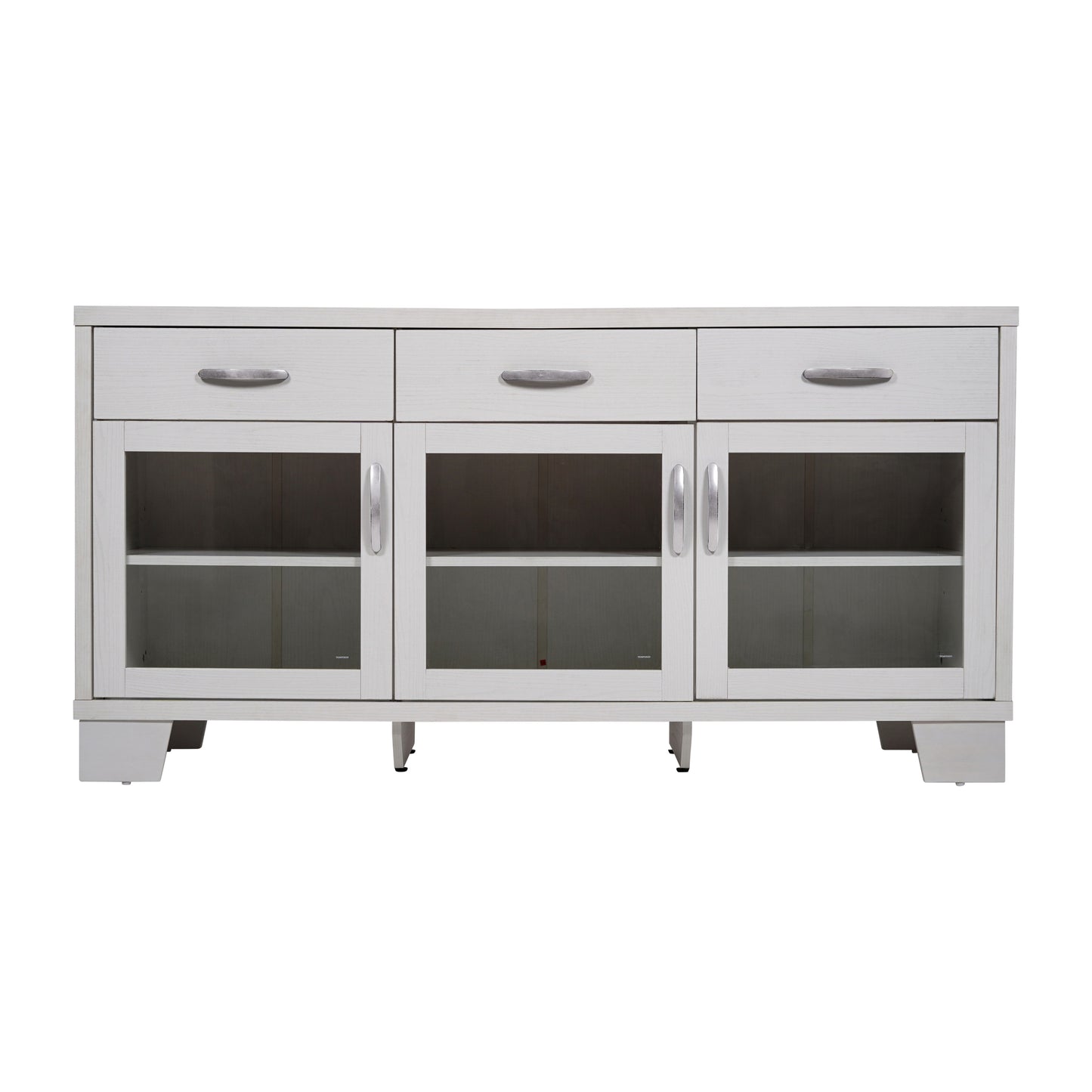 Wells White 59 Inch Modern Kitchen and Dining Room Buffet Sideboard Storage Cabinet, Engineered Wood with 3 Tempered Glass Doors and 3 Drawers White