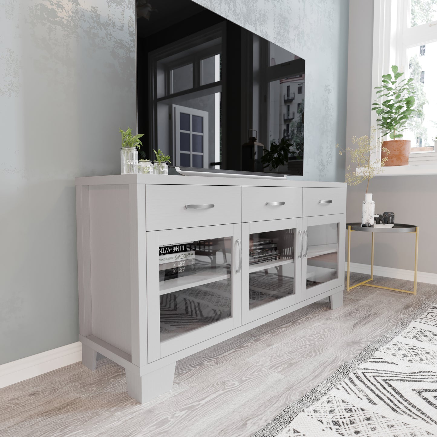 Wells White 59 Inch Modern Kitchen and Dining Room Buffet Sideboard Storage Cabinet, Engineered Wood with 3 Tempered Glass Doors and 3 Drawers White
