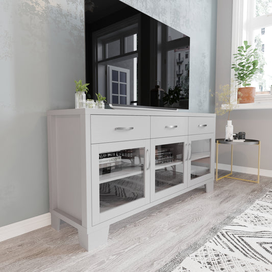 Wells White 59 Inch Modern Kitchen and Dining Room Buffet Sideboard Storage Cabinet, Engineered Wood with 3 Tempered Glass Doors and 3 Drawers White EV-CA7515-01ZZ-WH-GG