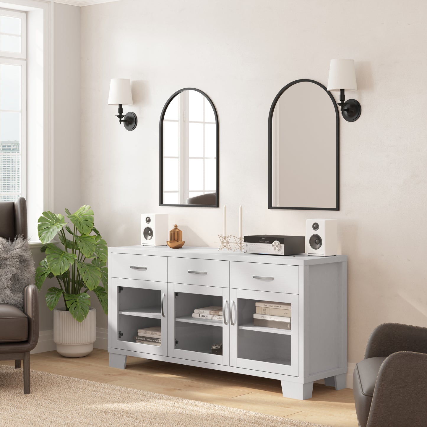 Wells White 59 Inch Modern Kitchen and Dining Room Buffet Sideboard Storage Cabinet, Engineered Wood with 3 Tempered Glass Doors and 3 Drawers White