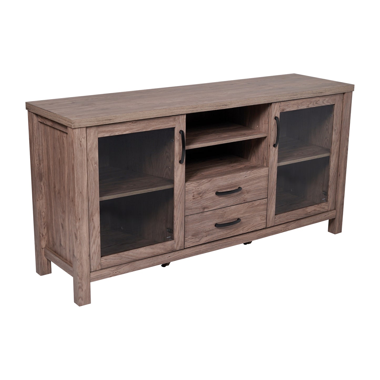 Dion Brown 59 Inch Modern Kitchen and Dining Room Buffet Sideboard Storage Cabinet, Engineered Wood with 2 Tempered Glass Doors, 2 Drawers, Open Shelf Brown