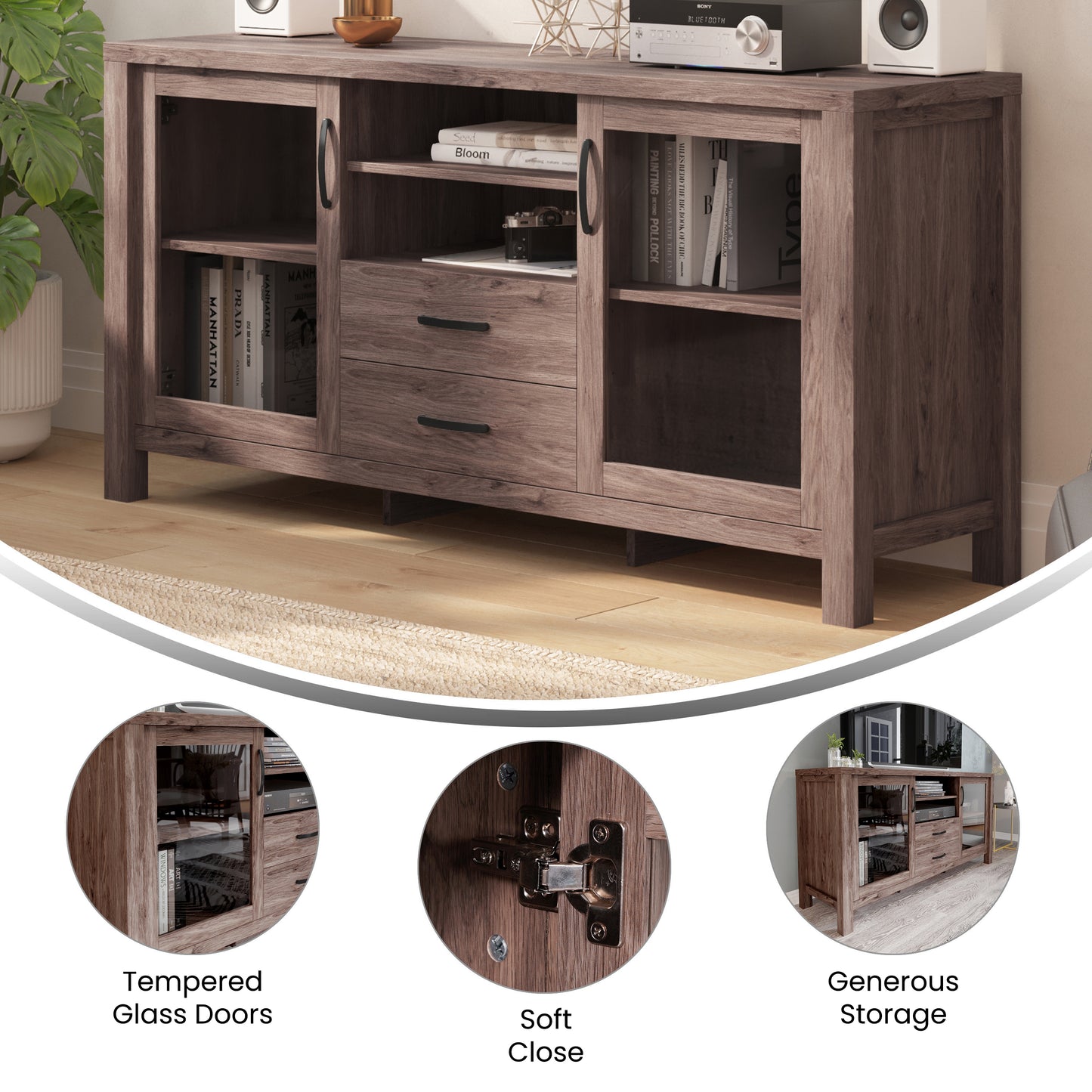 Dion Brown 59 Inch Modern Kitchen and Dining Room Buffet Sideboard Storage Cabinet, Engineered Wood with 2 Tempered Glass Doors, 2 Drawers, Open Shelf Brown
