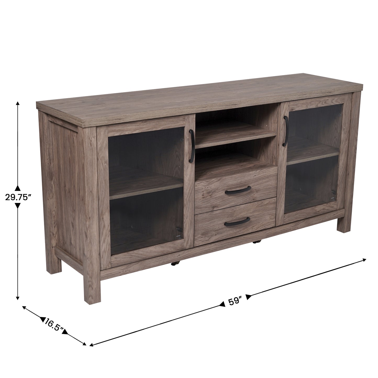 Dion Brown 59 Inch Modern Kitchen and Dining Room Buffet Sideboard Storage Cabinet, Engineered Wood with 2 Tempered Glass Doors, 2 Drawers, Open Shelf Brown