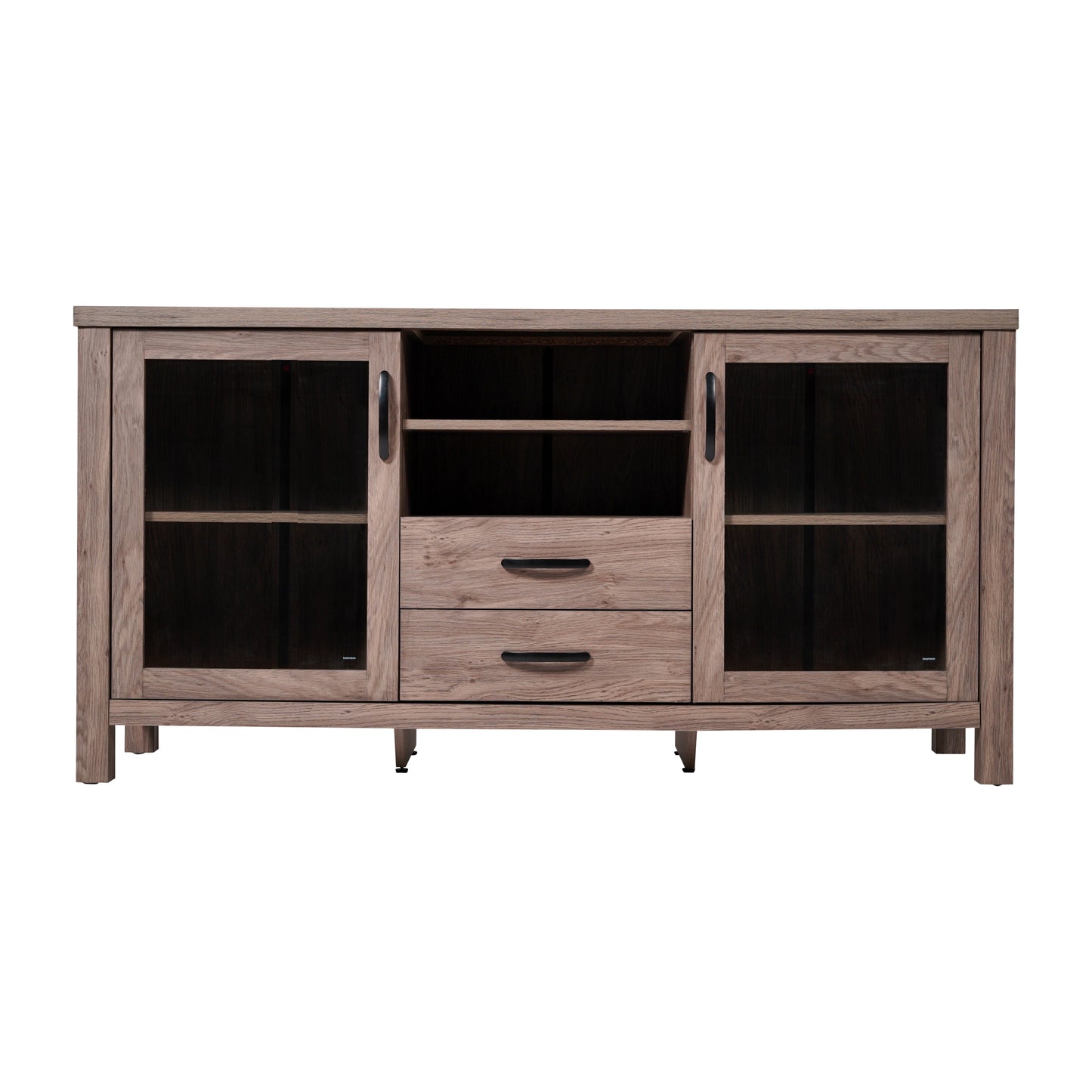 Dion Brown 59 Inch Modern Kitchen and Dining Room Buffet Sideboard Storage Cabinet, Engineered Wood with 2 Tempered Glass Doors, 2 Drawers, Open Shelf Brown