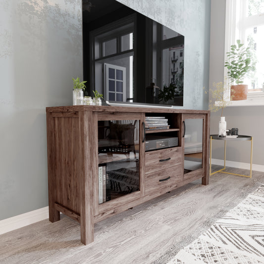 Dion Brown 59 Inch Modern Kitchen and Dining Room Buffet Sideboard Storage Cabinet, Engineered Wood with 2 Tempered Glass Doors, 2 Drawers, Open Shelf Brown EV-CA7515-ZZ-BR-GG