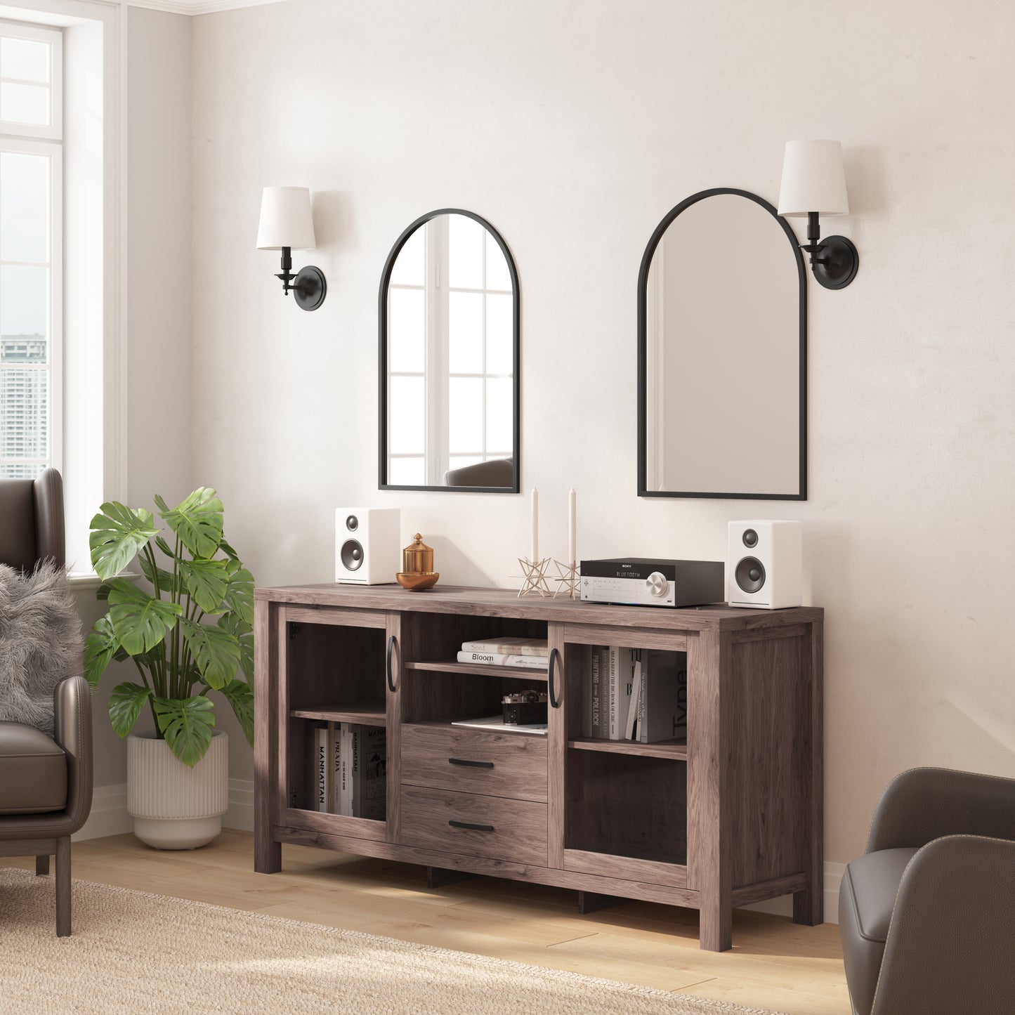 Dion Brown 59 Inch Modern Kitchen and Dining Room Buffet Sideboard Storage Cabinet, Engineered Wood with 2 Tempered Glass Doors, 2 Drawers, Open Shelf Brown