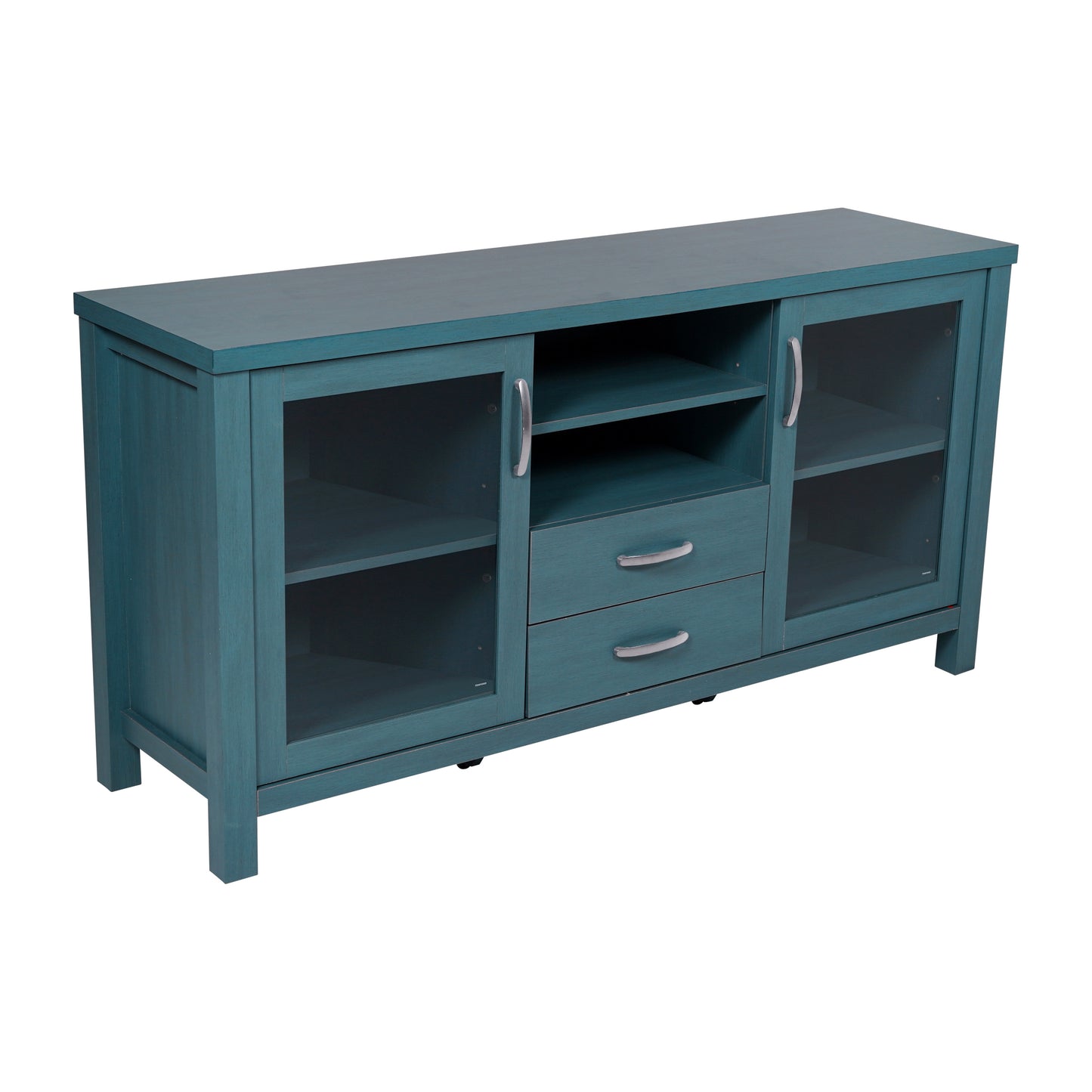 Dion Teal 59 Inch Modern Kitchen and Dining Room Buffet Sideboard Storage Cabinet, Engineered Wood with 2 Tempered Glass Doors, 2 Drawers, Open Shelf Teal