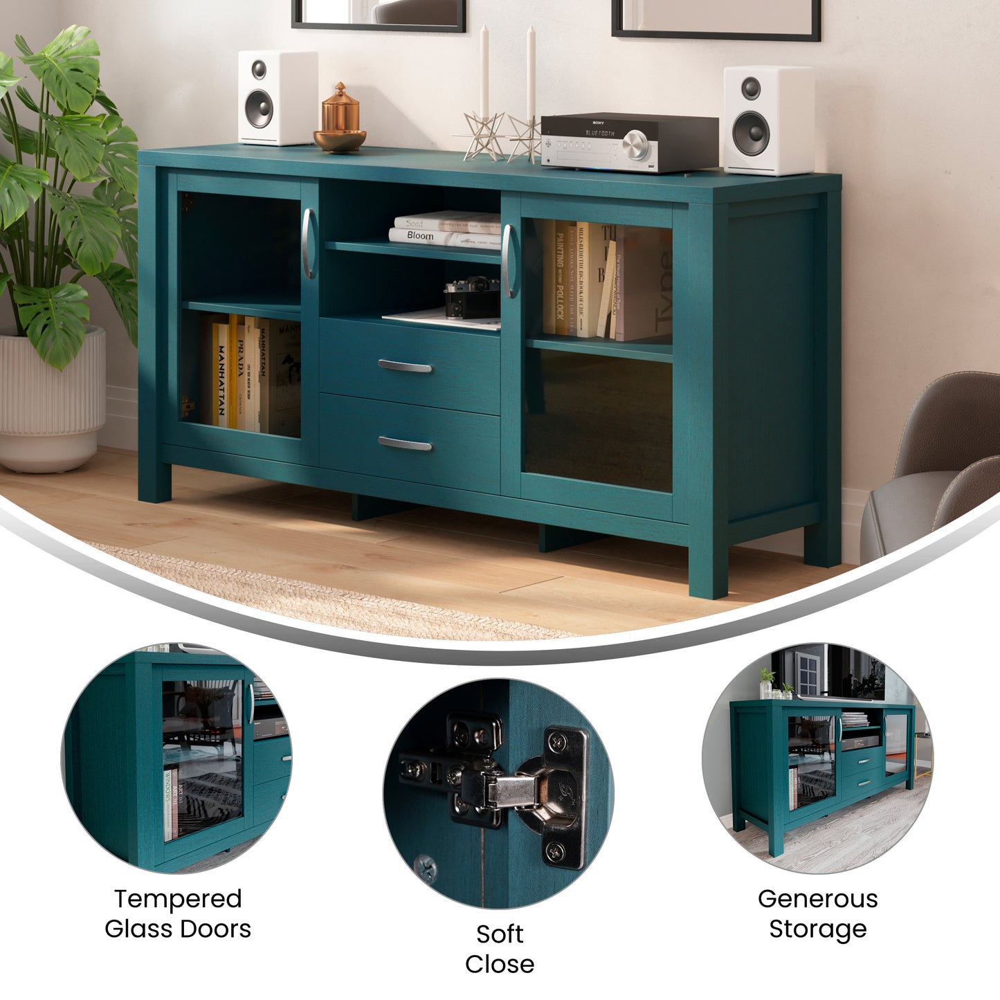 Dion Teal 59 Inch Modern Kitchen and Dining Room Buffet Sideboard Storage Cabinet, Engineered Wood with 2 Tempered Glass Doors, 2 Drawers, Open Shelf Teal