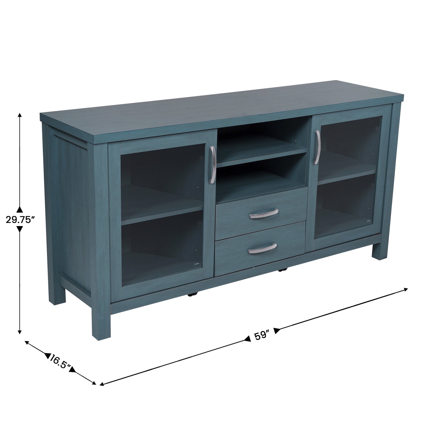 Dion Teal 59 Inch Modern Kitchen and Dining Room Buffet Sideboard Storage Cabinet, Engineered Wood with 2 Tempered Glass Doors, 2 Drawers, Open Shelf Teal